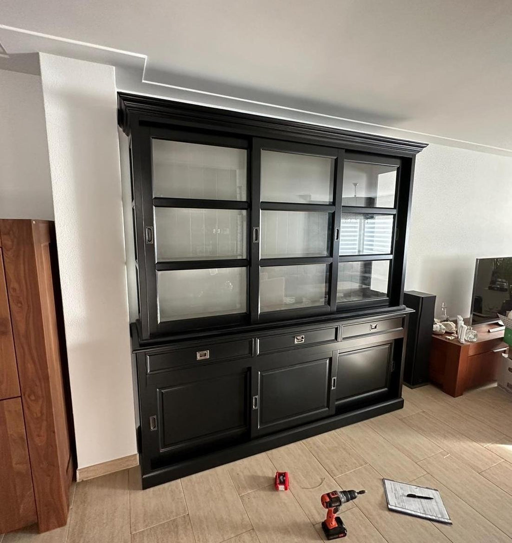 Buffetschrank Miami Beach - 220x53x218H cm - 3 Schiebetüren für Vitrinen - 3 Schubladen - 3 geschlossene Schiebetüren - Glasseiten