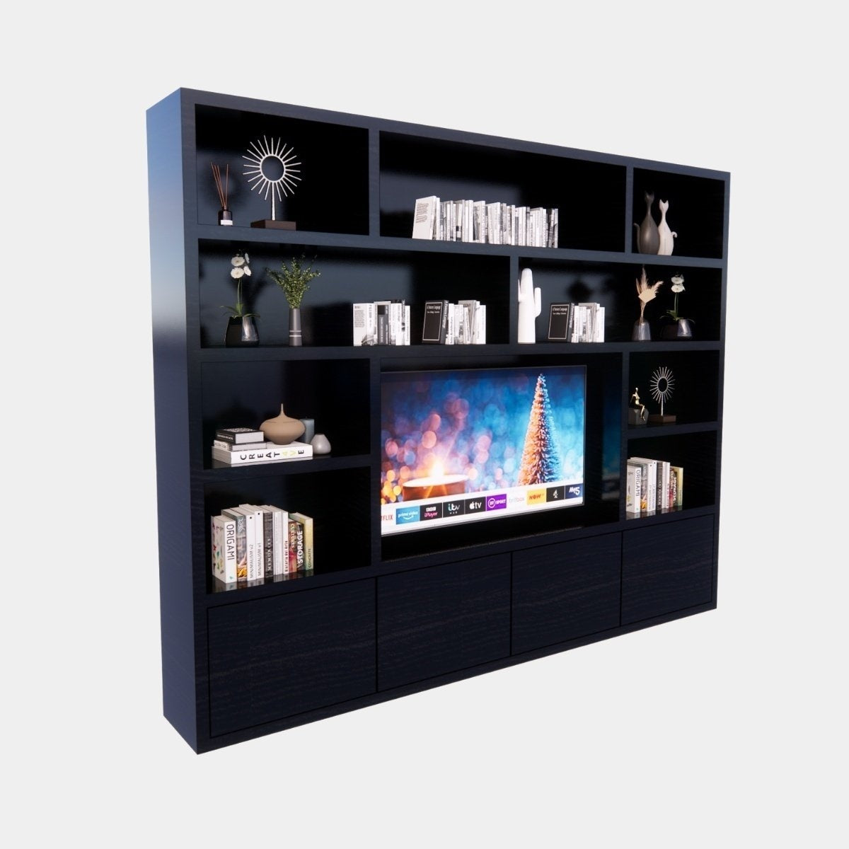 Kleiderschrank Milan - 300x40x240H cm - Cinewall - 1 TV-Paneel - schlankes Design - 4 push-to-open Türen - offenes TV-Fach