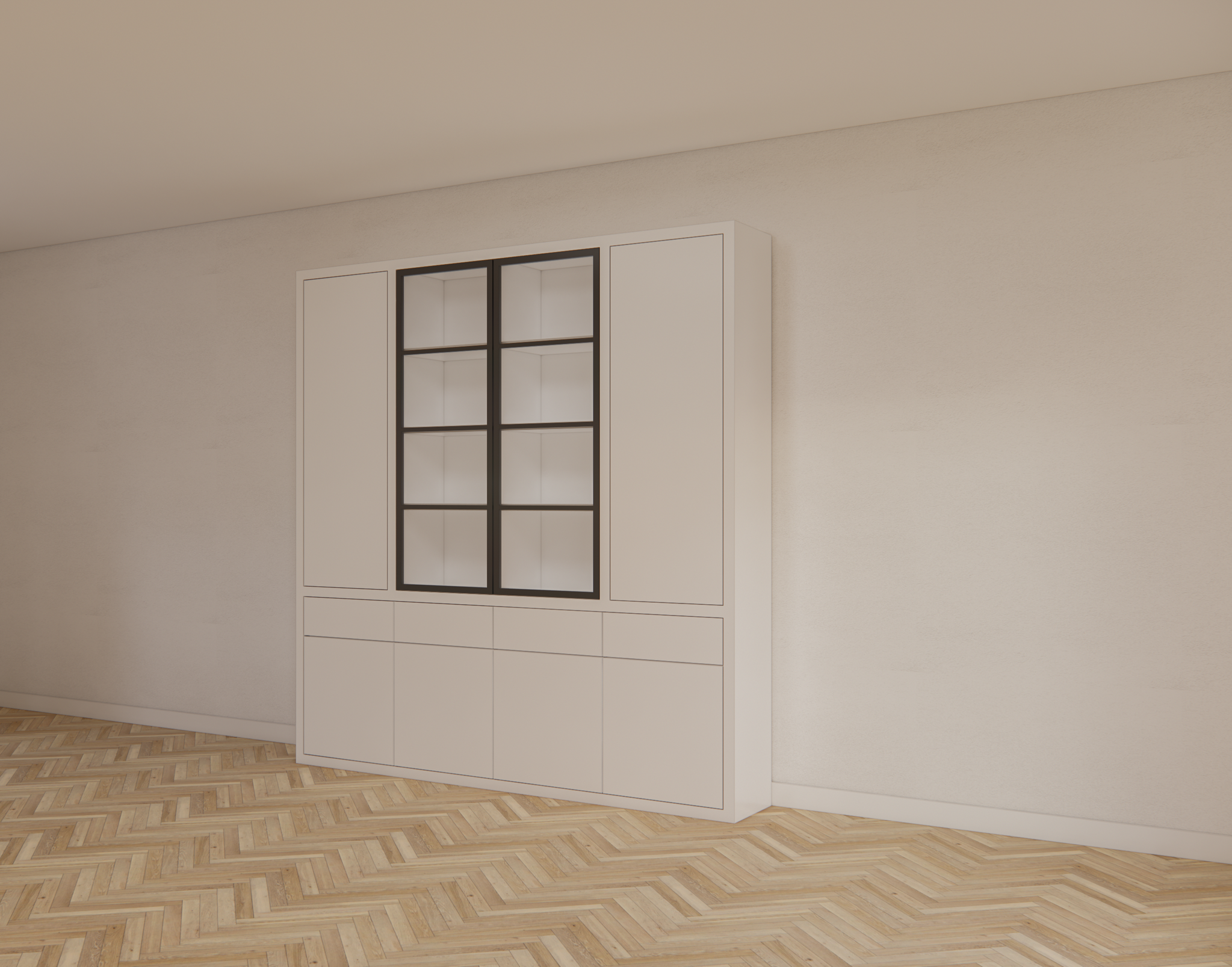 Milazzo Vitrine - 240x40x250H cm - push to open Türen - Glastüren aus Stahl - glatte Oberfläche