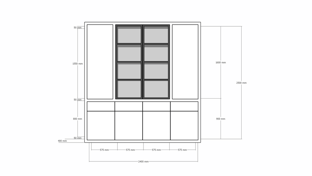 Milazzo Vitrine - 240x40x250H cm - push to open Türen - Glastüren aus Stahl - glatte Oberfläche