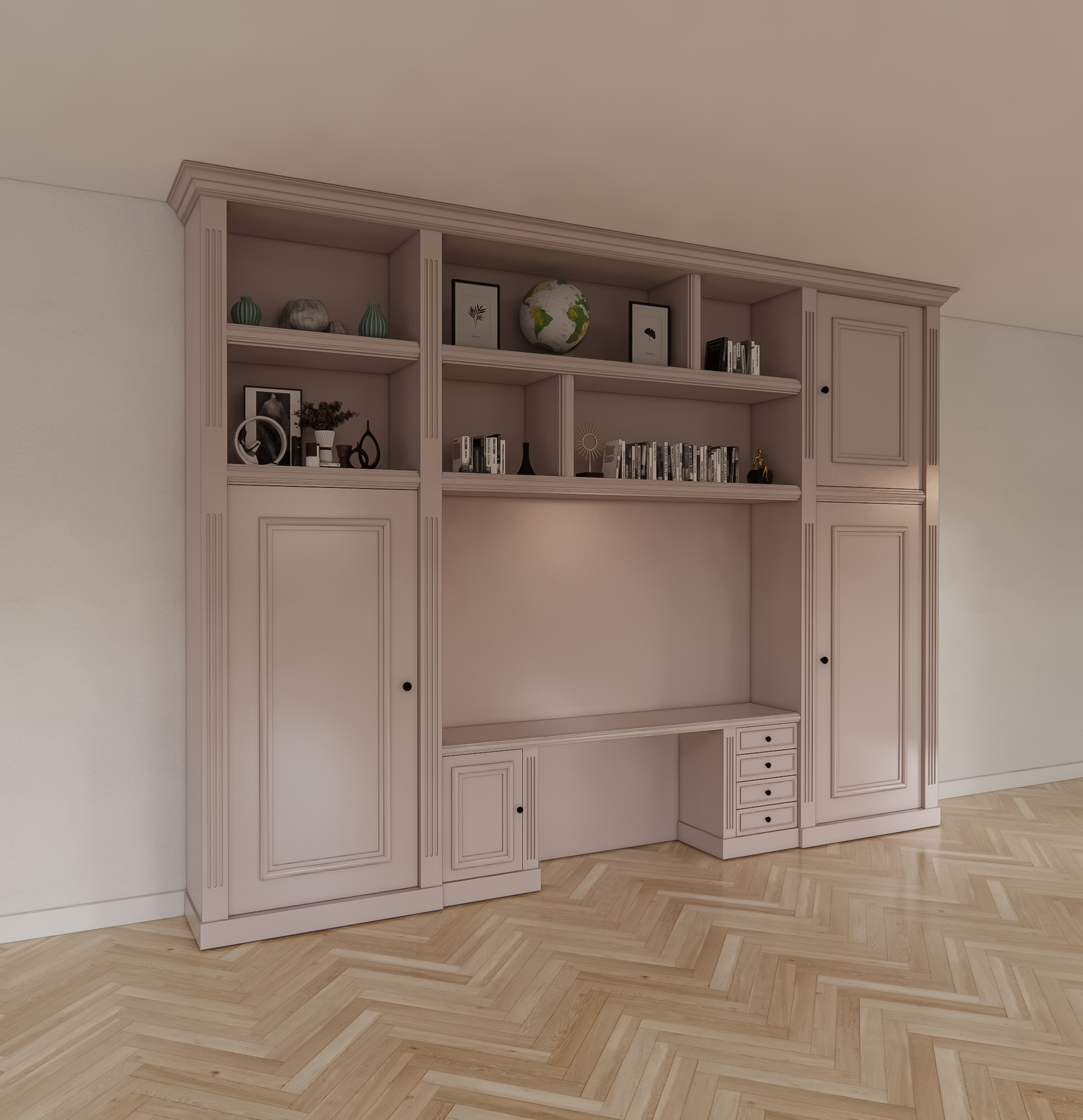Schreibtischschrank Mondovi - 400x40x300H cm - 4 Soft-Close-Schubladen - 4 Flügeltüren - 6 offene Fächer - PREIS AUF ANFRAGE