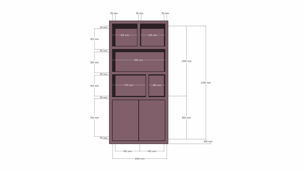 Bücherregal Morella - 100x40x210H cm - push-to-open Türen - offene Regale