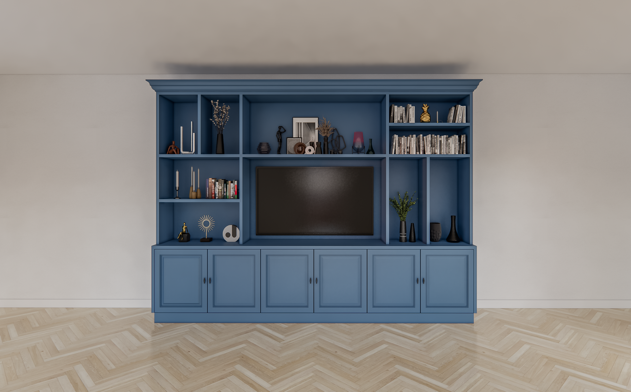TV-Schrank Nara 02 - 320x35/45x240H cm - Flügeltüren - offene Fächer