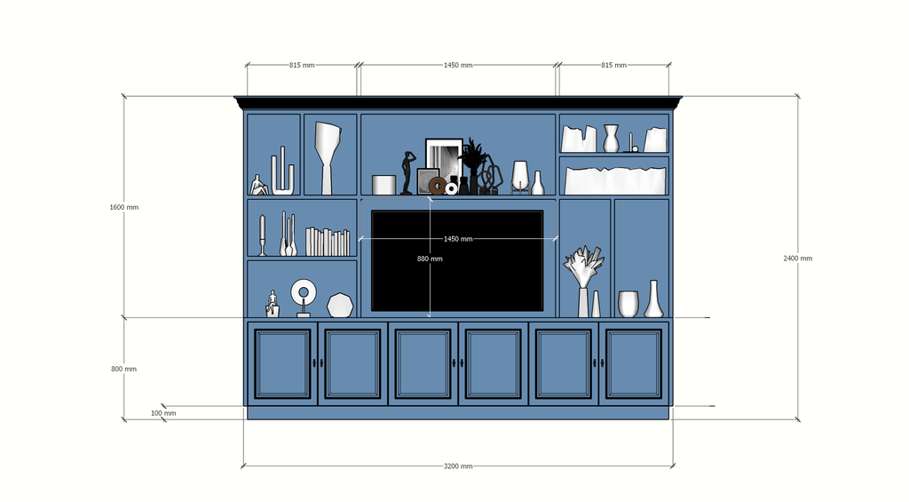 TV-Schrank Nara 02 - 320x35/45x240H cm - Flügeltüren - offene Fächer