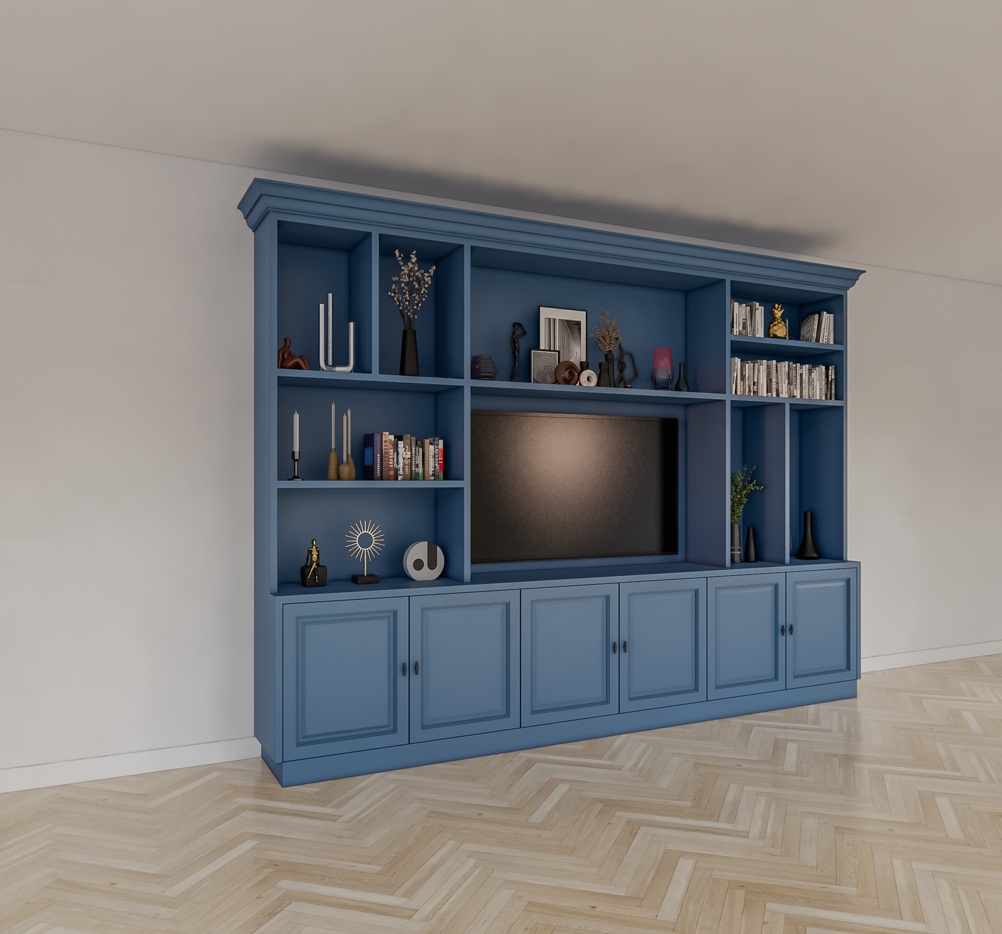 TV-Schrank Nara 02 - 320x35/45x240H cm - Flügeltüren - offene Fächer