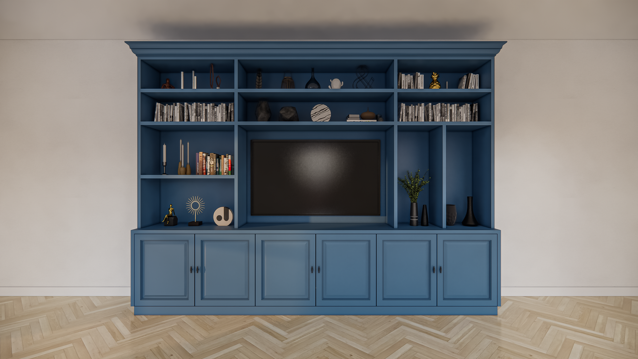 Fernsehschrank Nara - 320x45/35x240H cm - 11 offene Fächer - 6 Türen