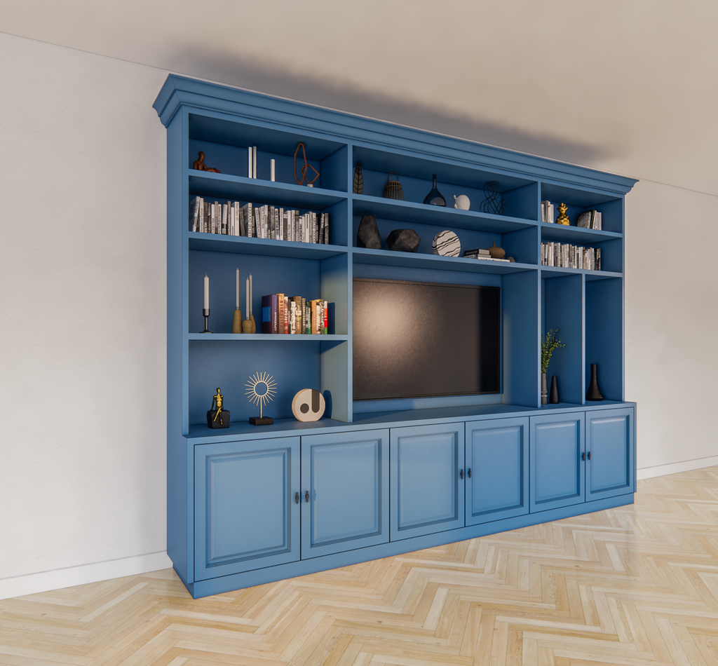 Fernsehschrank Nara - 320x45/35x240H cm - 11 offene Fächer - 6 Türen