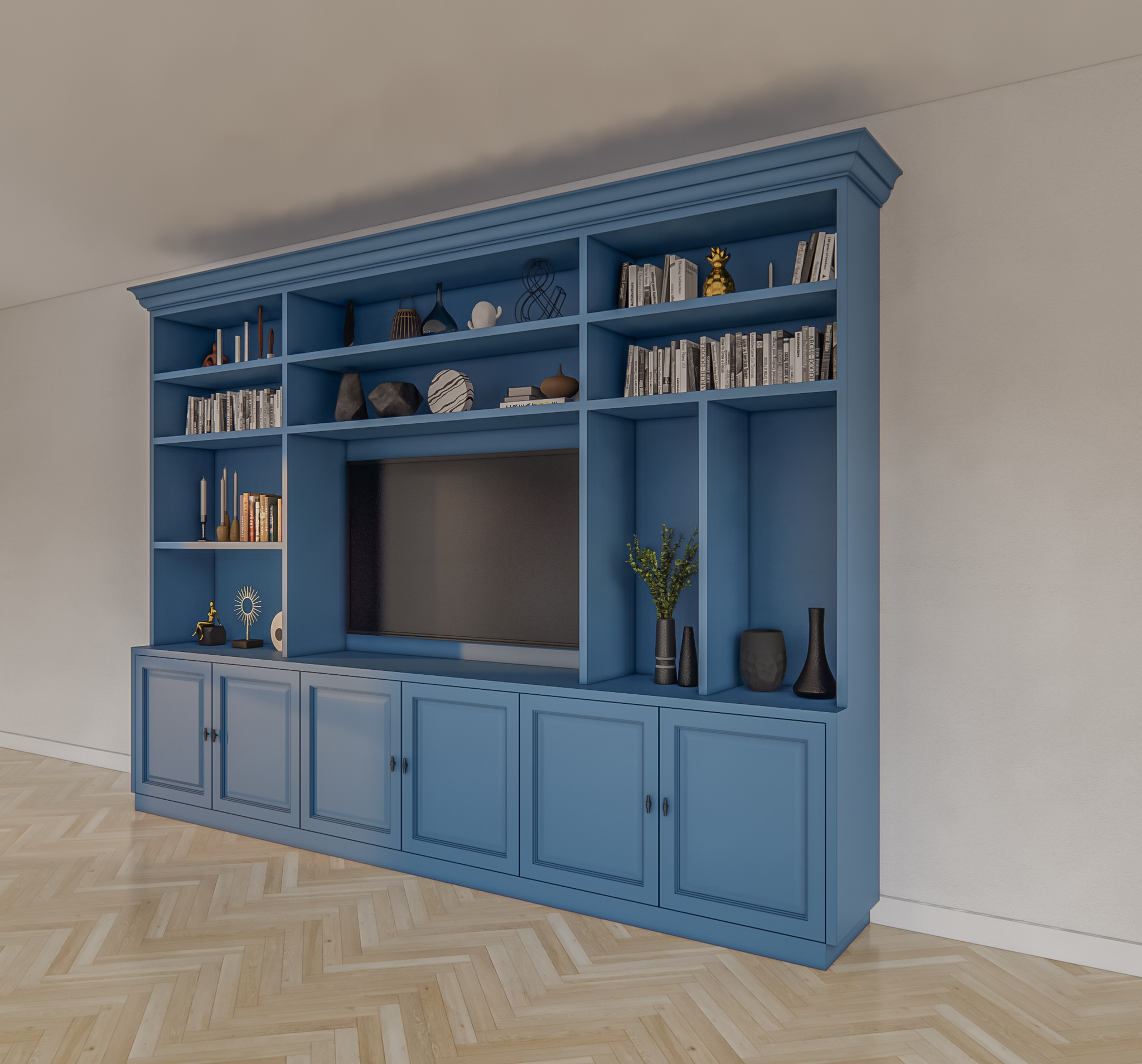Fernsehschrank Nara - 320x45/35x240H cm - 11 offene Fächer - 6 Türen