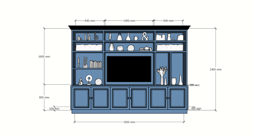 Fernsehschrank Nara - 320x45/35x240H cm - 11 offene Fächer - 6 Türen