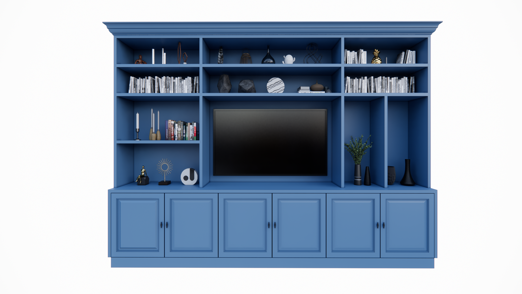 Fernsehschrank Nara - 320x45/35x240H cm - 11 offene Fächer - 6 Türen