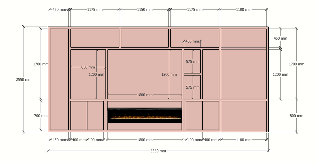 TV-/Bürofachschrank Narni mit Kamin 535x45x255H cm - 5cm Fachbodenstärke - PREIS AUF ANFRAGE