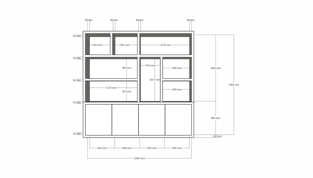 Fächerschrank Noale - 250x42x240H cm - Push-to-open-Türen - 5cm Fachbodenstärke - schlankes Design