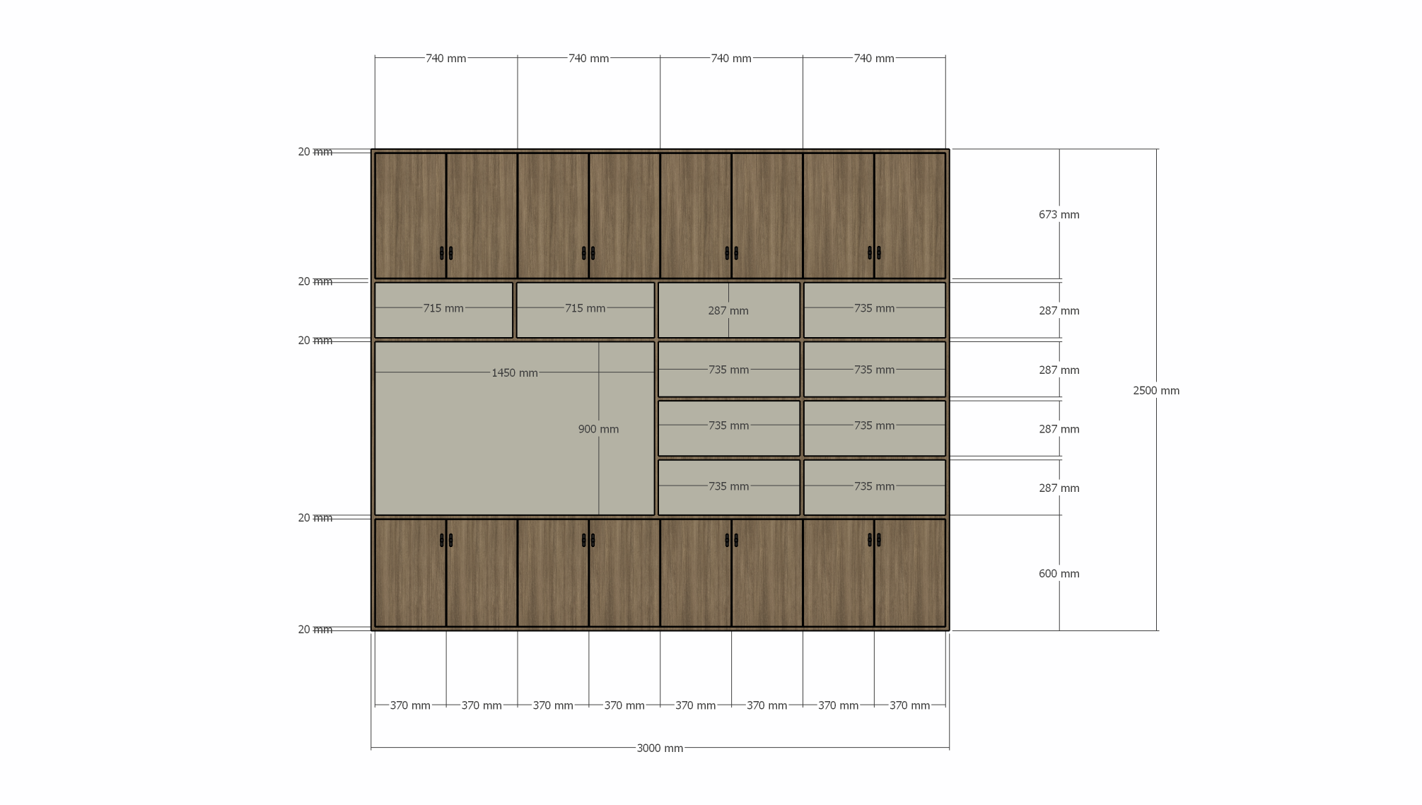 Aufbewahrungsschrank Nome - 300x40x250H cm - geschlossene Türen - offene Fächer - mit Eiche außen