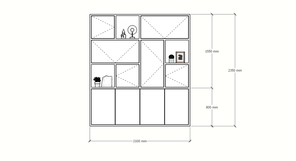 Schrank mit Norwich-Fächern - 210x40x235H cm - 5 cm Fachbodenstärke - geschlossene Push-to-Open-Türen und offene Fachböden im Oberschrank - schlankes Design