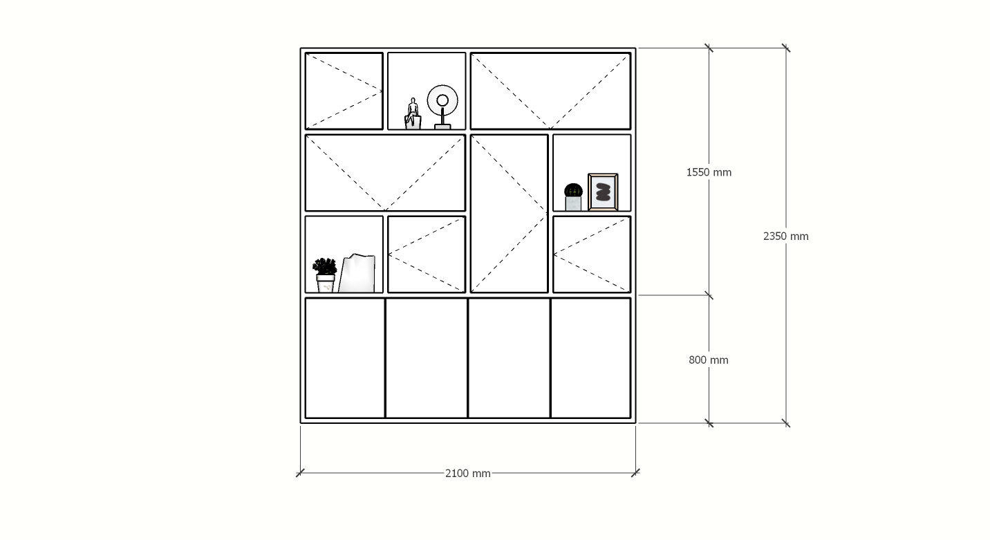 Schrank mit Norwich-Fächern - 210x40x235H cm - 5 cm Fachbodenstärke - geschlossene Push-to-Open-Türen und offene Fachböden im Oberschrank - schlankes Design