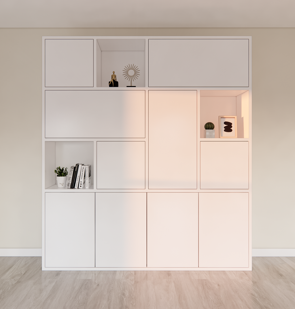 Schrank mit Norwich-Fächern - 210x40x235H cm - 5 cm Fachbodenstärke - geschlossene Push-to-Open-Türen und offene Fachböden im Oberschrank - schlankes Design
