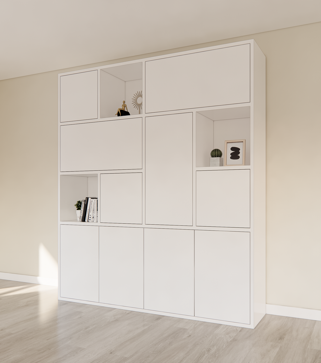 Schrank mit Norwich-Fächern - 210x40x235H cm - 5 cm Fachbodenstärke - geschlossene Push-to-Open-Türen und offene Fachböden im Oberschrank - schlankes Design