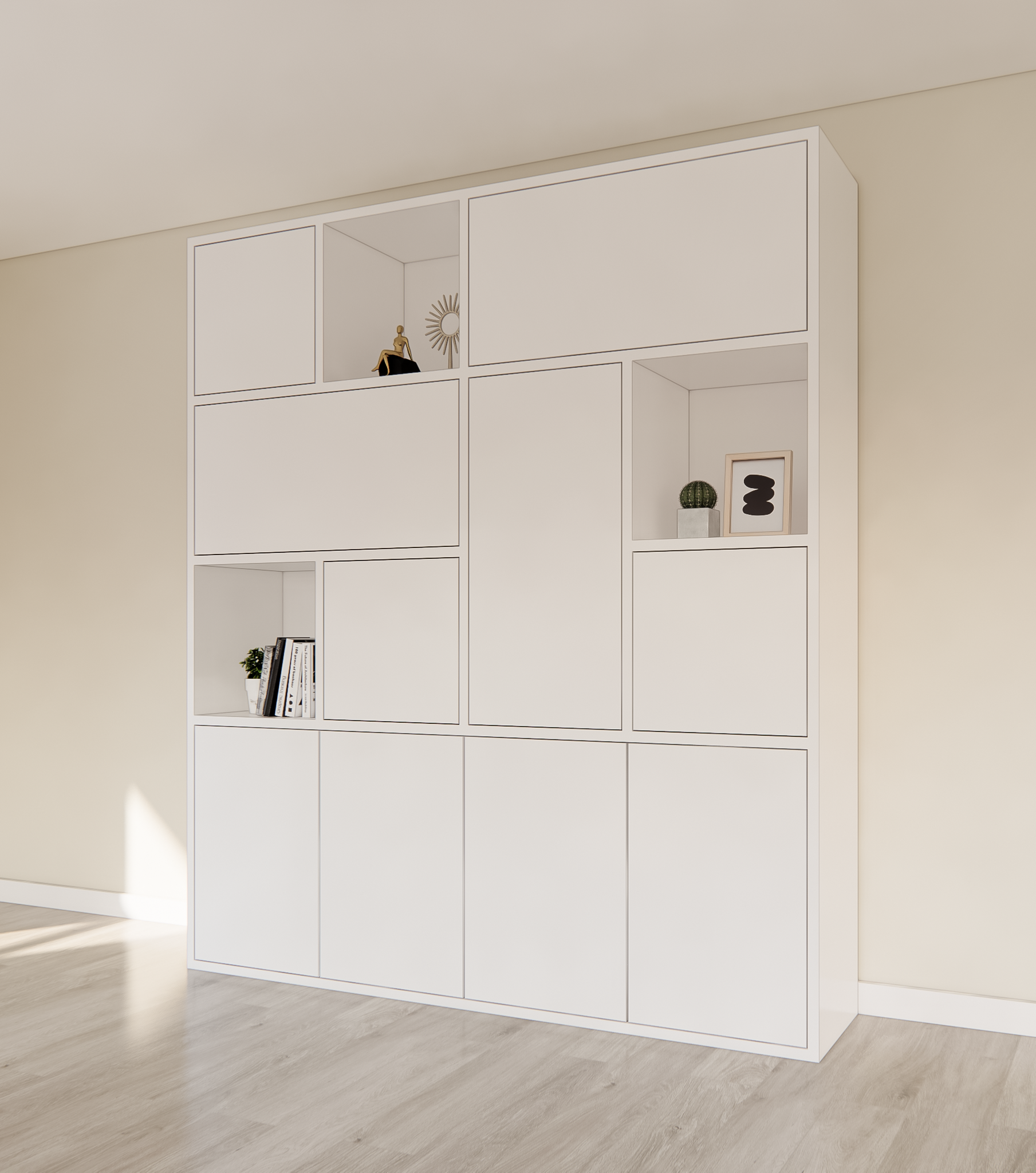 Schrank mit Norwich-Fächern - 210x40x235H cm - 5 cm Fachbodenstärke - geschlossene Push-to-Open-Türen und offene Fachböden im Oberschrank - schlankes Design