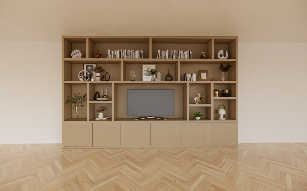 Osaka Fächerschrank - 400x40x255H cm - 15 offene Fächer - 6 push-to-open Türen - Cinewall - TV-Fach - schlankes Design - zerlegbar - 5cm Bodenstärke