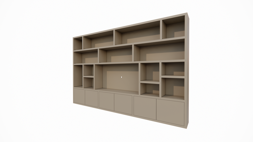 Osaka Fächerschrank - 400x40x255H cm - 15 offene Fächer - 6 push-to-open Türen - Cinewall - TV-Fach - schlankes Design - zerlegbar - 5cm Bodenstärke