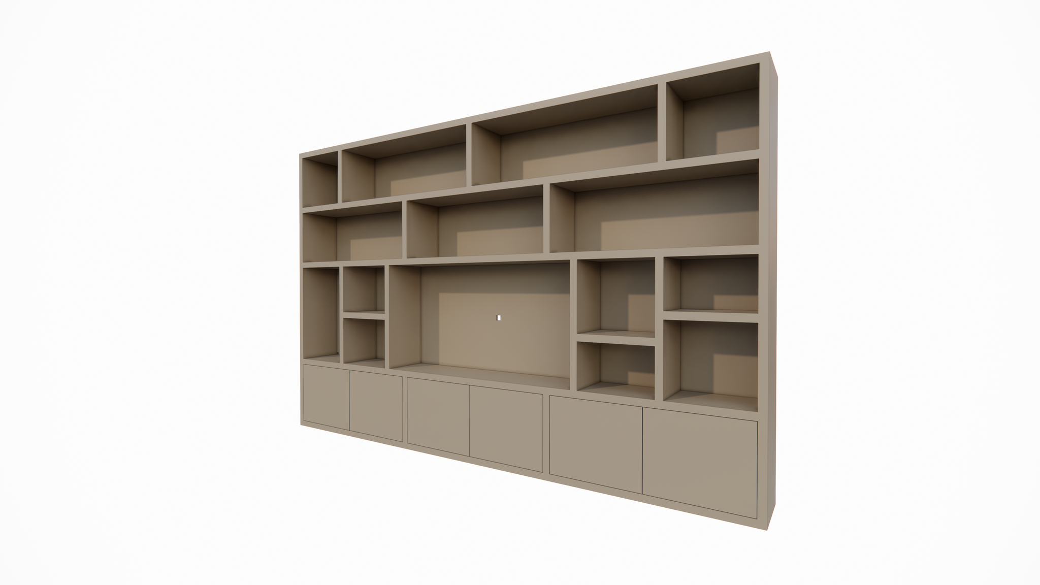 Osaka Fächerschrank - 400x40x255H cm - 15 offene Fächer - 6 push-to-open Türen - Cinewall - TV-Fach - schlankes Design - zerlegbar - 5cm Bodenstärke