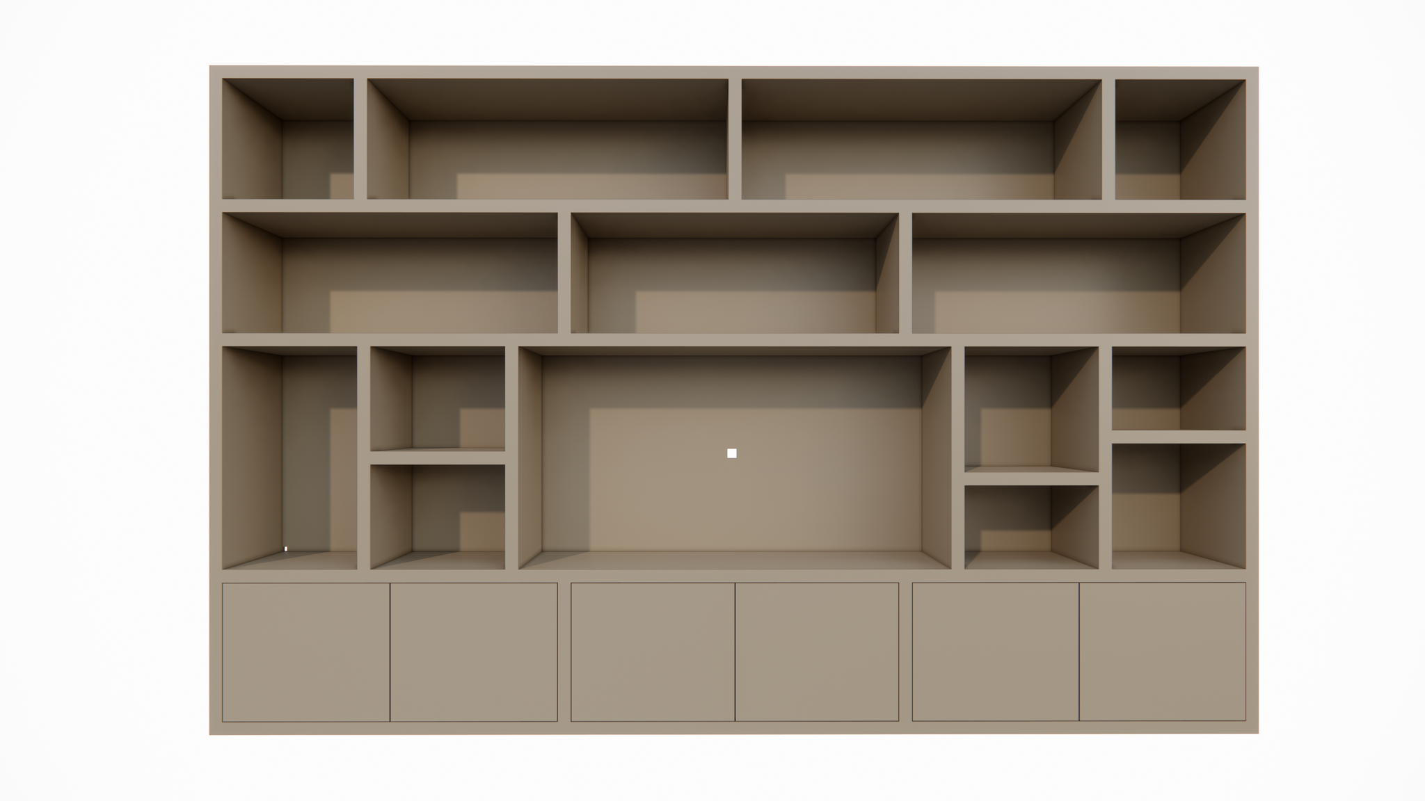 Osaka Fächerschrank - 400x40x255H cm - 15 offene Fächer - 6 push-to-open Türen - Cinewall - TV-Fach - schlankes Design - zerlegbar - 5cm Bodenstärke
