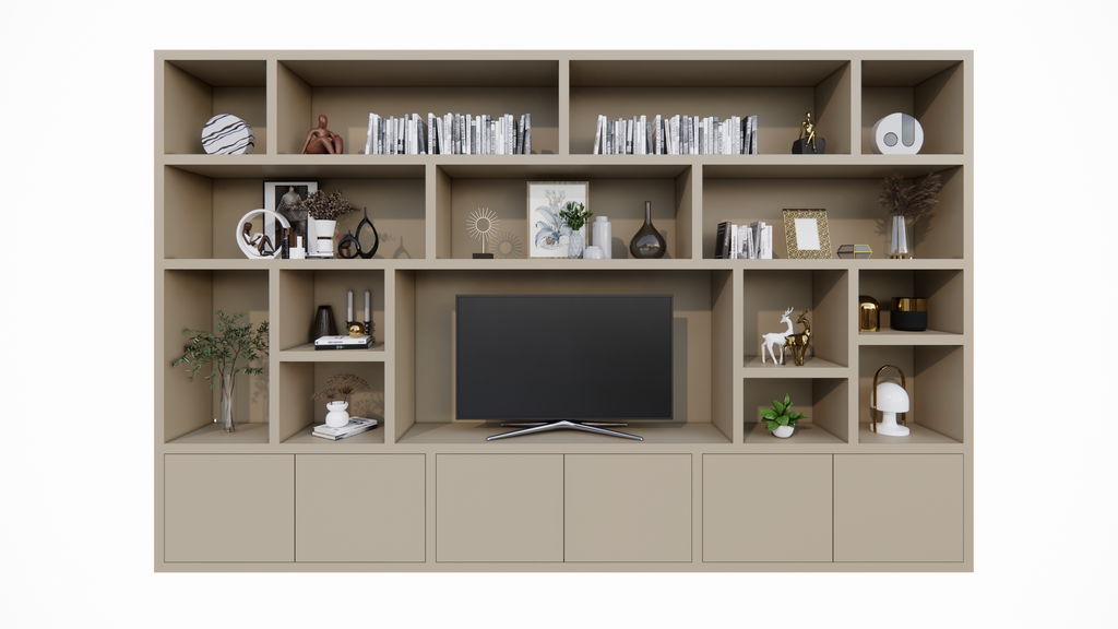 Osaka Fächerschrank - 400x40x255H cm - 15 offene Fächer - 6 push-to-open Türen - Cinewall - TV-Fach - schlankes Design - zerlegbar - 5cm Bodenstärke