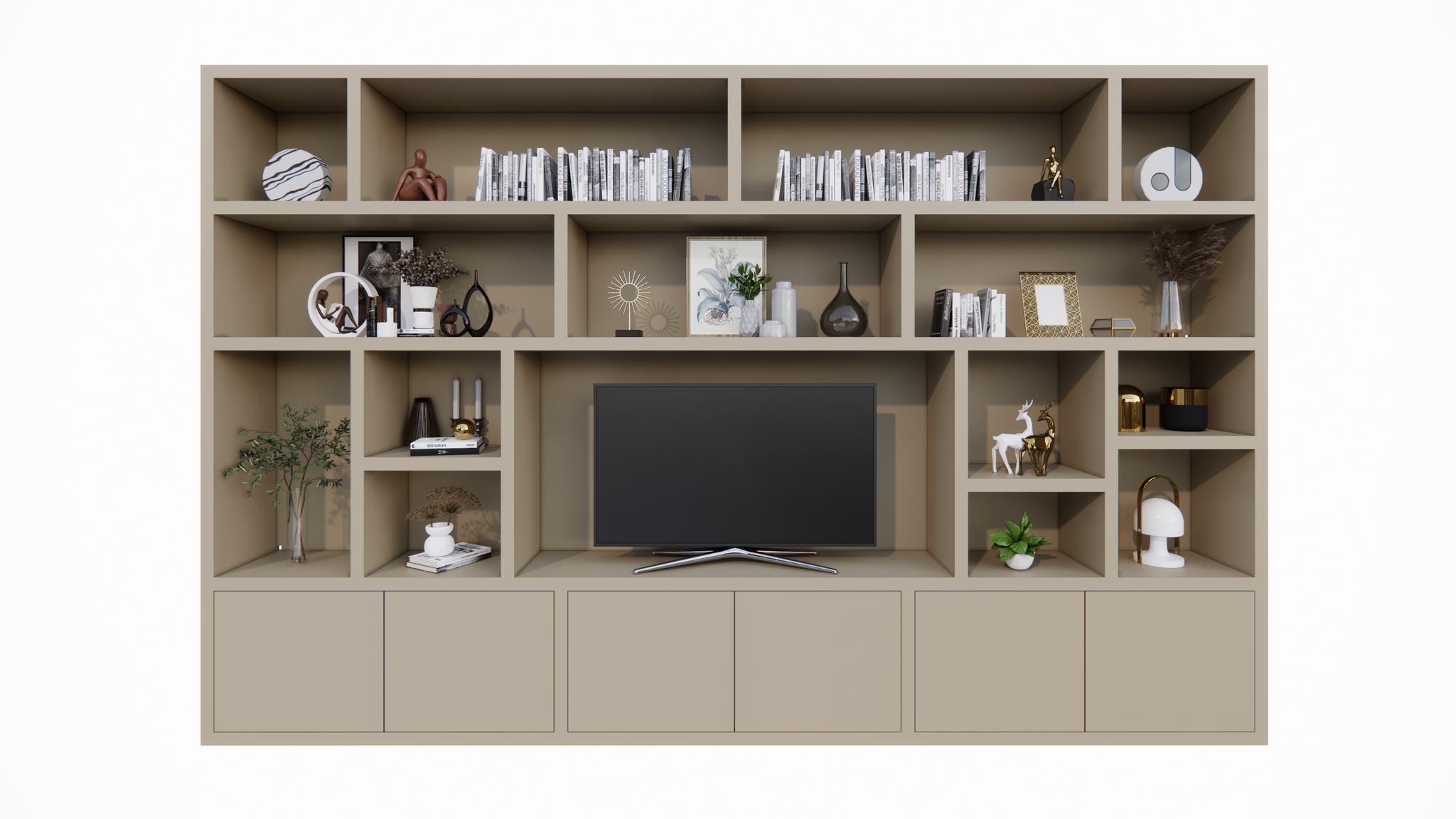 Osaka Fächerschrank - 400x40x255H cm - 15 offene Fächer - 6 push-to-open Türen - Cinewall - TV-Fach - schlankes Design - zerlegbar - 5cm Bodenstärke