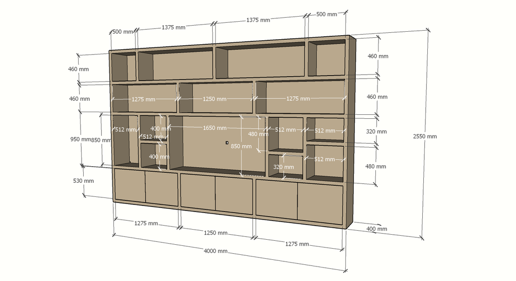 Osaka Fächerschrank - 400x40x255H cm - 15 offene Fächer - 6 push-to-open Türen - Cinewall - TV-Fach - schlankes Design - zerlegbar - 5cm Bodenstärke
