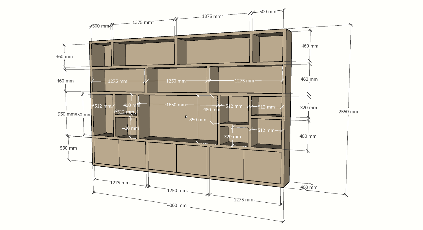 Osaka Fächerschrank - 400x40x255H cm - 15 offene Fächer - 6 push-to-open Türen - Cinewall - TV-Fach - schlankes Design - zerlegbar - 5cm Bodenstärke