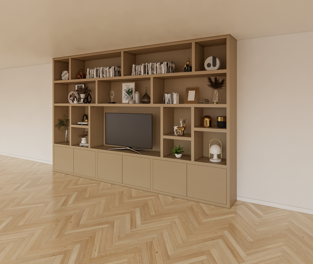 Osaka Fächerschrank - 400x40x255H cm - 15 offene Fächer - 6 push-to-open Türen - Cinewall - TV-Fach - schlankes Design - zerlegbar - 5cm Bodenstärke