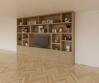 Osaka Fächerschrank - 400x40x255H cm - 15 offene Fächer - 6 push-to-open Türen - Cinewall - TV-Fach - schlankes Design - zerlegbar - 5cm Bodenstärke