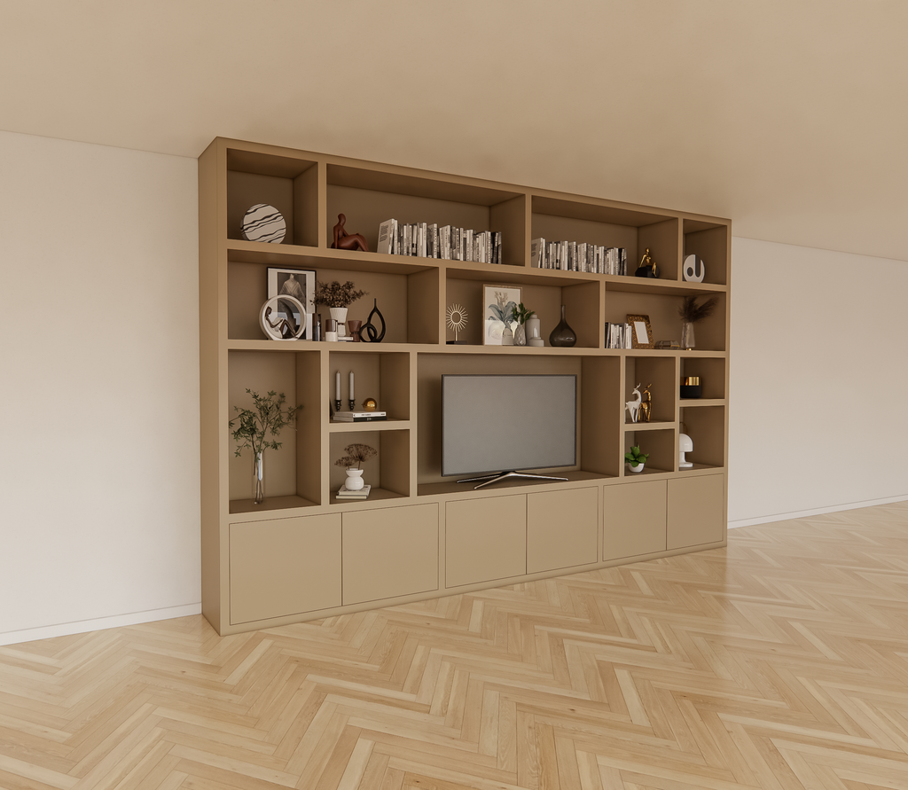 Osaka Fächerschrank - 400x40x255H cm - 15 offene Fächer - 6 push-to-open Türen - Cinewall - TV-Fach - schlankes Design - zerlegbar - 5cm Bodenstärke