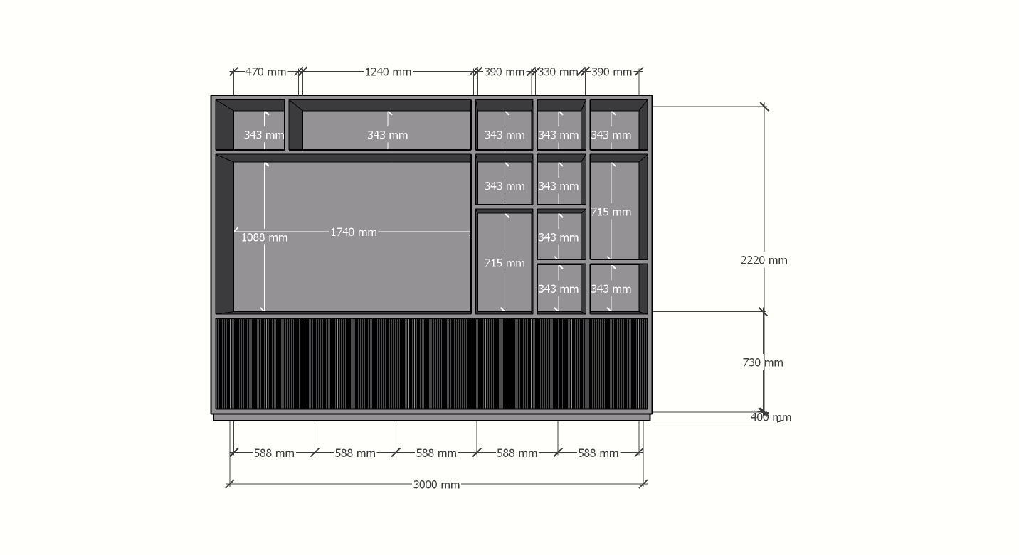TV-Fachschrank Padua - 300x40x240H cm - 4cm Fachbodenstärke - mit Cinewall/Fernsehfach - schlankes Design - offene Fächer - 5 grifflose Push-to-open-Türen mit Bearbeitung - mit Kabelloch im TV-Fach
