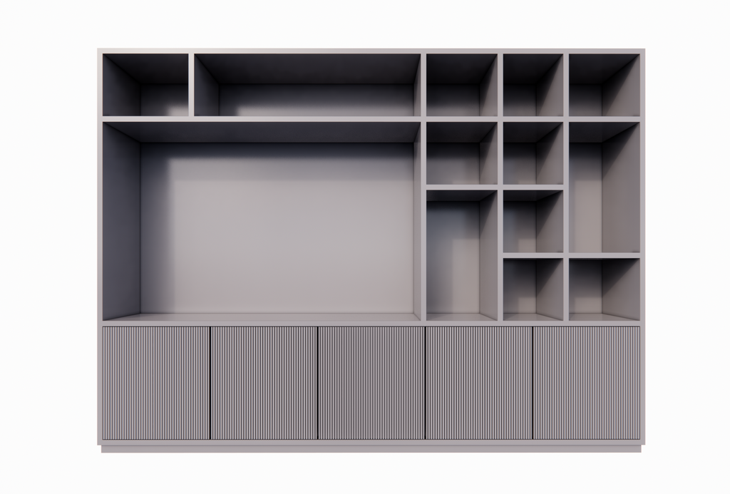 TV-Fachschrank Padua - 300x40x240H cm - 4cm Fachbodenstärke - mit Cinewall/Fernsehfach - schlankes Design - offene Fächer - 5 grifflose Push-to-open-Türen mit Bearbeitung - mit Kabelloch im TV-Fach
