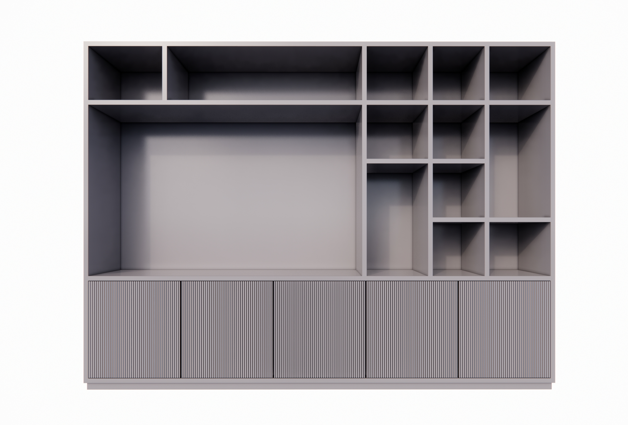 TV-Fachschrank Padua - 300x40x240H cm - 4cm Fachbodenstärke - mit Cinewall/Fernsehfach - schlankes Design - offene Fächer - 5 grifflose Push-to-open-Türen mit Bearbeitung - mit Kabelloch im TV-Fach