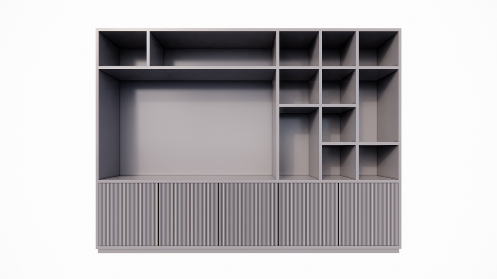 TV-Fachschrank Padua - 300x40x240H cm - 4cm Fachbodenstärke - mit Cinewall/Fernsehfach - schlankes Design - offene Fächer - 5 grifflose Push-to-open-Türen mit Bearbeitung - mit Kabelloch im TV-Fach