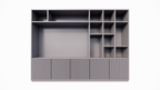 TV-Fachschrank Padua - 300x40x240H cm - 4cm Fachbodenstärke - mit Cinewall/Fernsehfach - schlankes Design - offene Fächer - 5 grifflose Push-to-open-Türen mit Bearbeitung - mit Kabelloch im TV-Fach