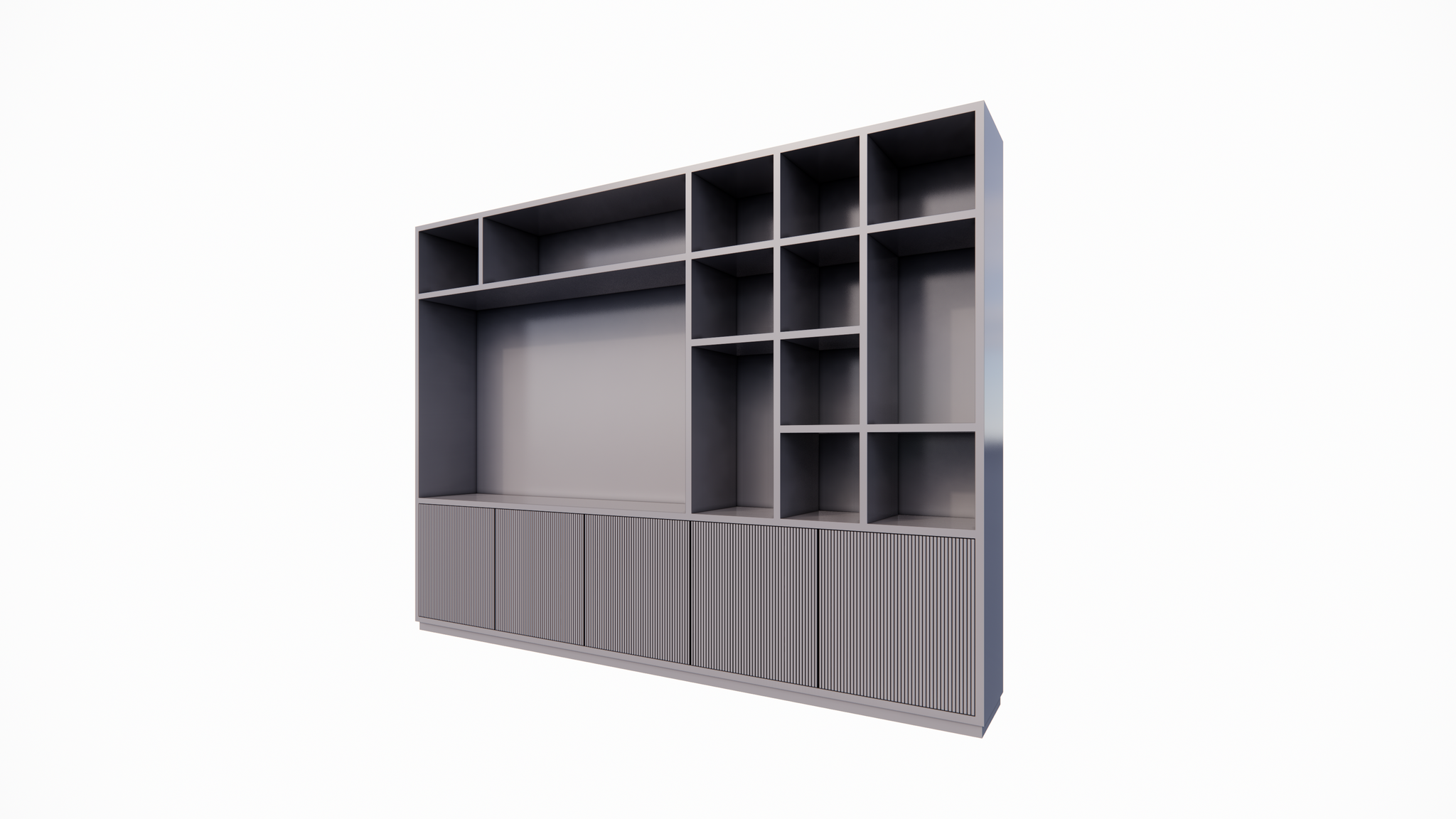 TV-Fachschrank Padua - 300x40x240H cm - 4cm Fachbodenstärke - mit Cinewall/Fernsehfach - schlankes Design - offene Fächer - 5 grifflose Push-to-open-Türen mit Bearbeitung - mit Kabelloch im TV-Fach