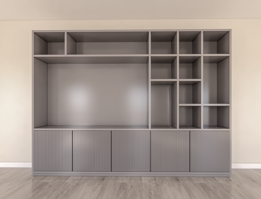 TV-Fachschrank Padua - 300x40x240H cm - 4cm Fachbodenstärke - mit Cinewall/Fernsehfach - schlankes Design - offene Fächer - 5 grifflose Push-to-open-Türen mit Bearbeitung - mit Kabelloch im TV-Fach