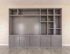 TV-Fachschrank Padua - 300x40x240H cm - 4cm Fachbodenstärke - mit Cinewall/Fernsehfach - schlankes Design - offene Fächer - 5 grifflose Push-to-open-Türen mit Bearbeitung - mit Kabelloch im TV-Fach