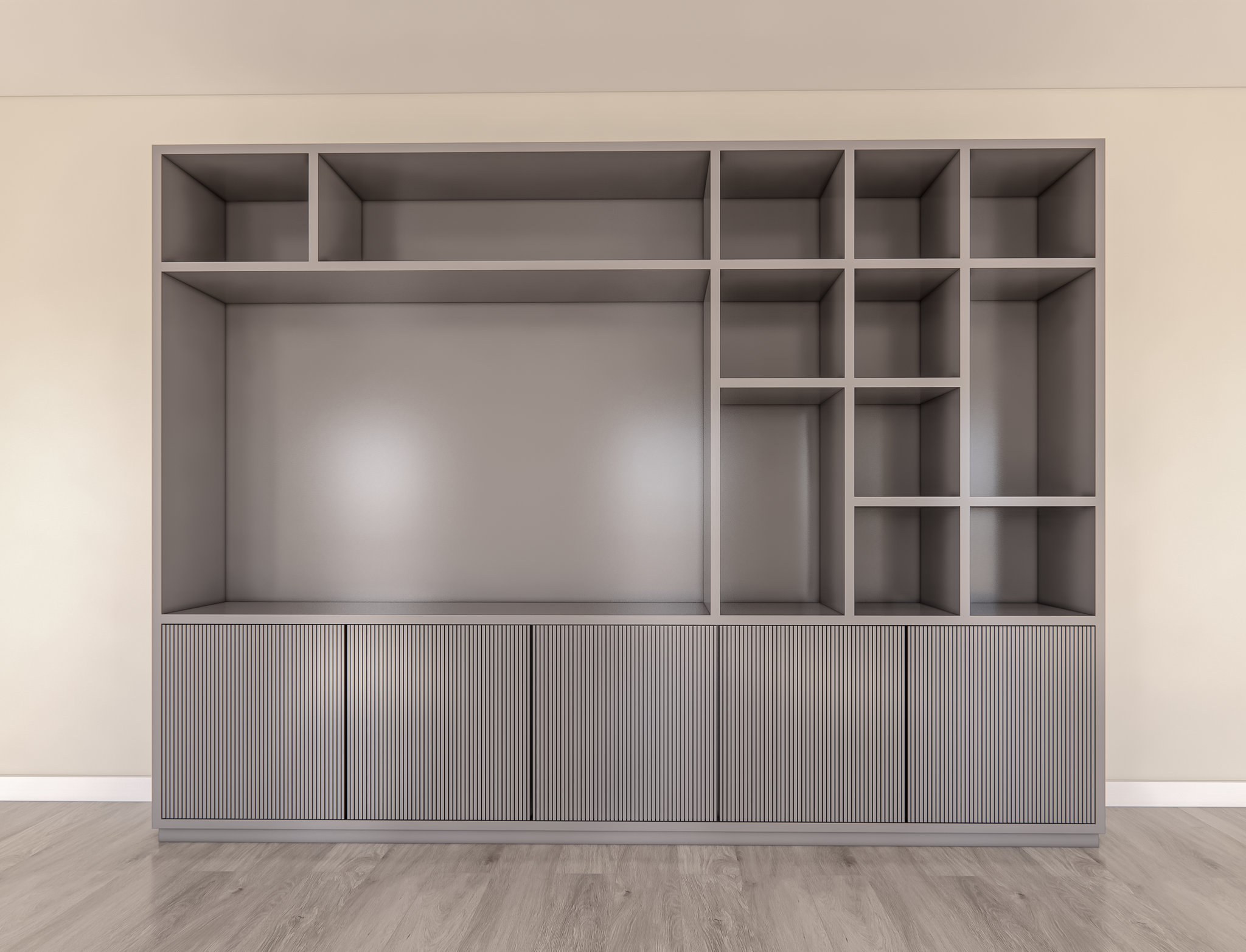TV-Fachschrank Padua - 300x40x240H cm - 4cm Fachbodenstärke - mit Cinewall/Fernsehfach - schlankes Design - offene Fächer - 5 grifflose Push-to-open-Türen mit Bearbeitung - mit Kabelloch im TV-Fach