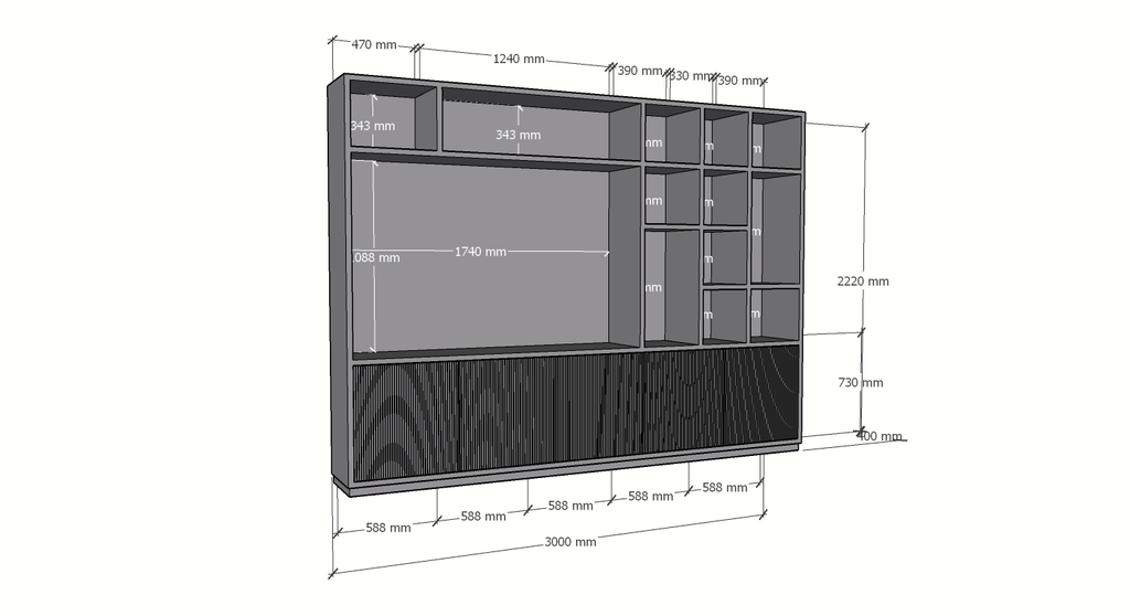 TV-Fachschrank Padua - 300x40x240H cm - 4cm Fachbodenstärke - mit Cinewall/Fernsehfach - schlankes Design - offene Fächer - 5 grifflose Push-to-open-Türen mit Bearbeitung - mit Kabelloch im TV-Fach