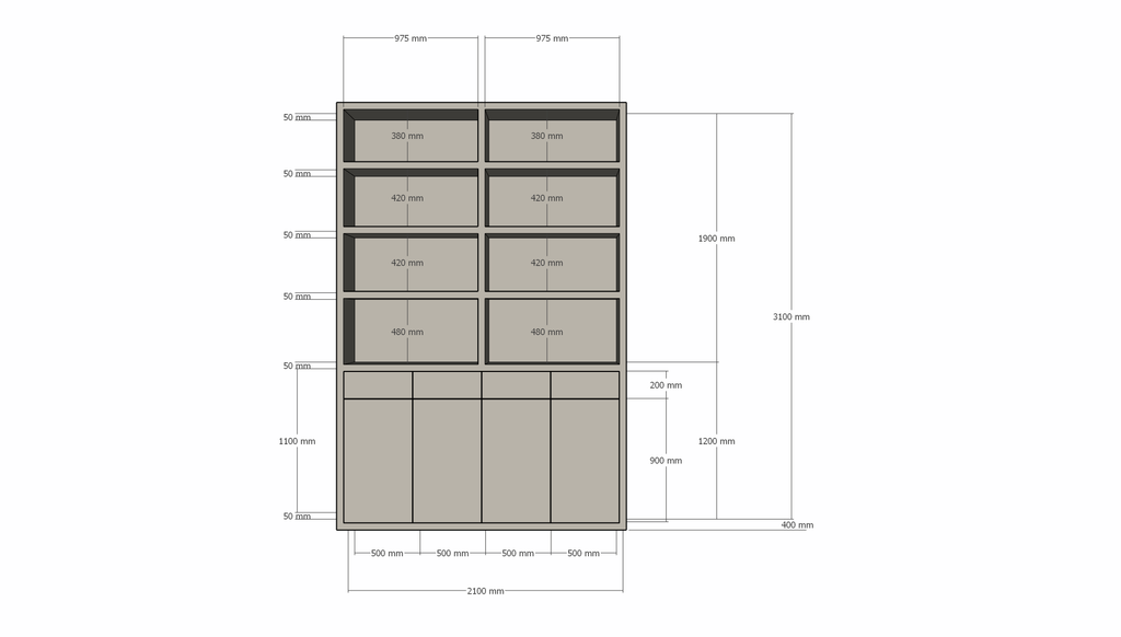 Regal Pavia - 210x40x310H cm - offene Regale - Schubladen und Türen zum Aufschieben