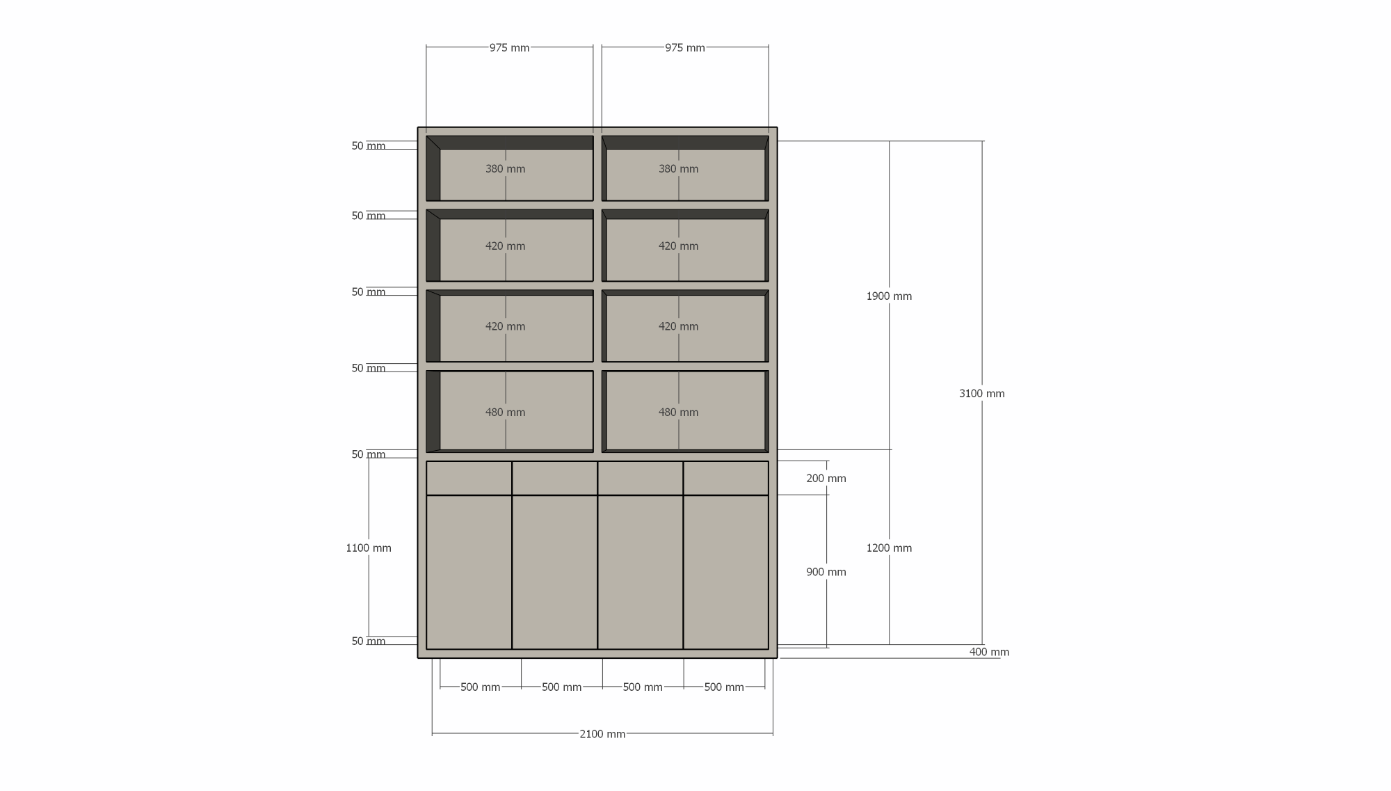Regal Pavia - 210x40x310H cm - offene Regale - Schubladen und Türen zum Aufschieben