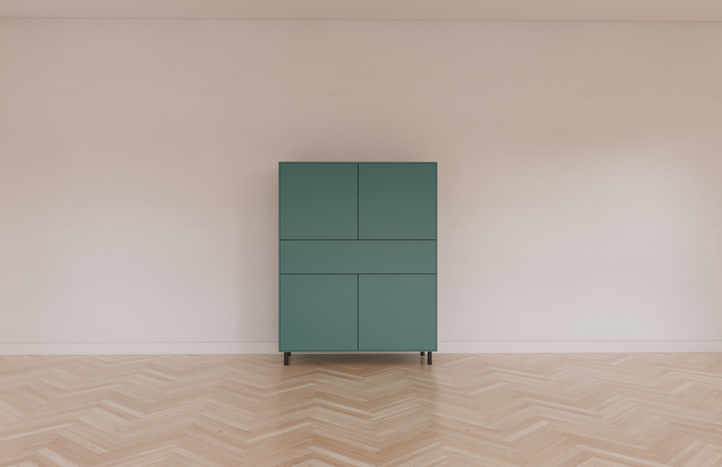 Piana Schrank/Dienstmädchenschrank - 112x42x144H cm - auf schwarzen Stahlbeinen - 1 Schublade mit Push-to-open - 4 Türen mit Push-to-open