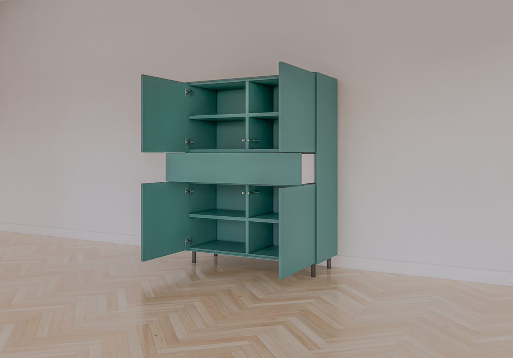 Piana Schrank/Dienstmädchenschrank - 112x42x144H cm - auf schwarzen Stahlbeinen - 1 Schublade mit Push-to-open - 4 Türen mit Push-to-open