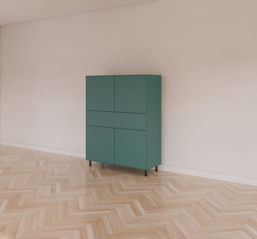 Piana Schrank/Dienstmädchenschrank - 112x42x144H cm - auf schwarzen Stahlbeinen - 1 Schublade mit Push-to-open - 4 Türen mit Push-to-open