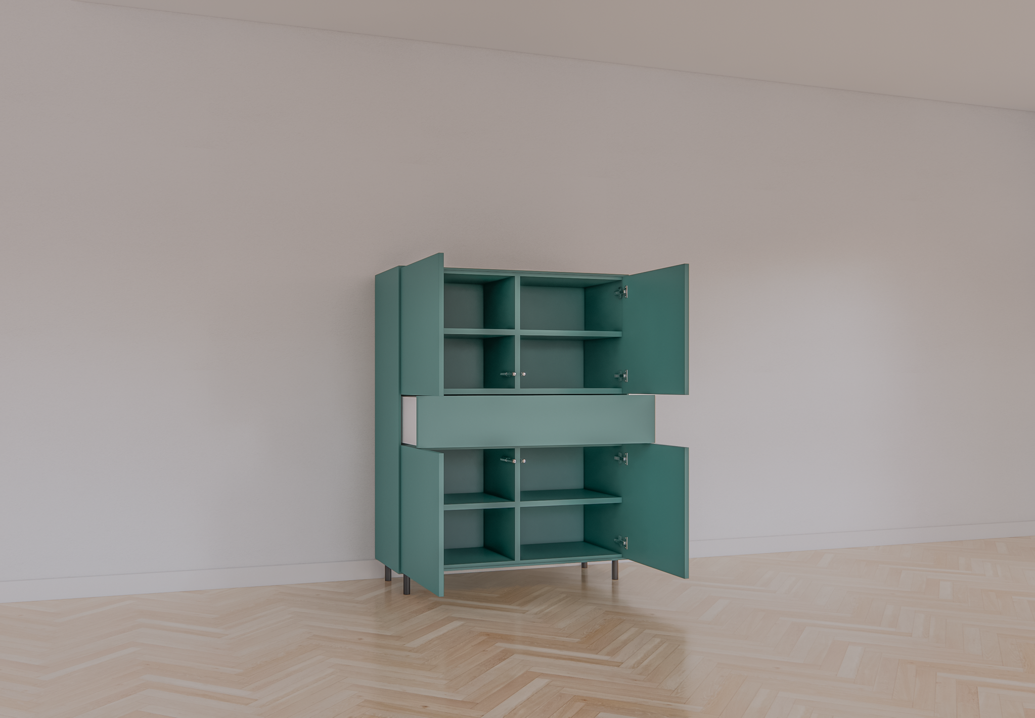 Piana Schrank/Dienstmädchenschrank - 112x42x144H cm - auf schwarzen Stahlbeinen - 1 Schublade mit Push-to-open - 4 Türen mit Push-to-open