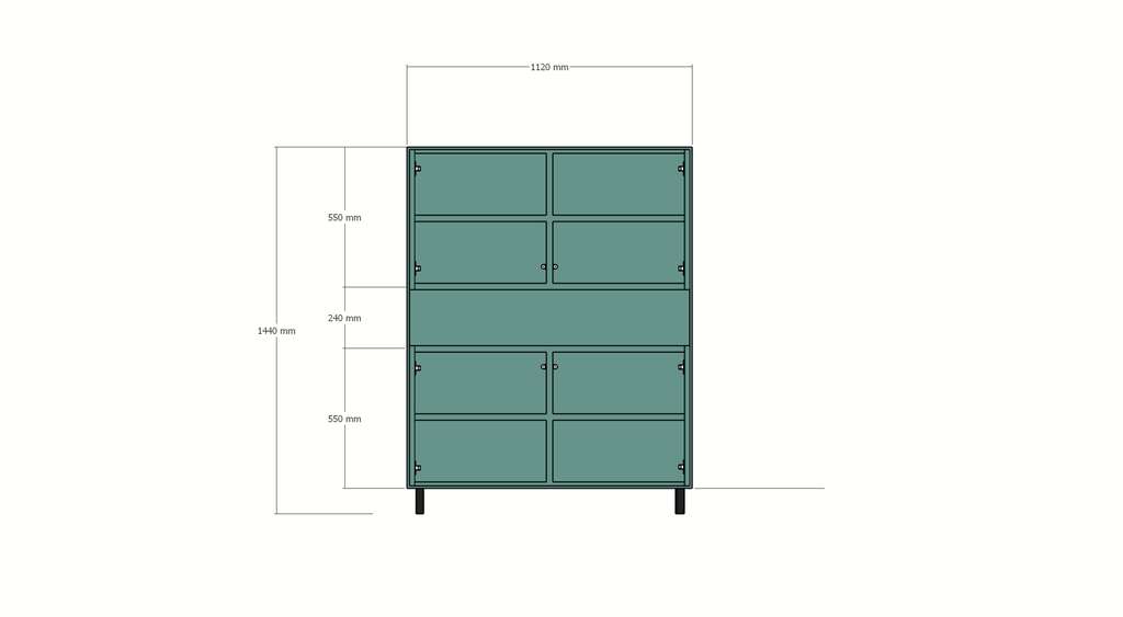 Piana Schrank/Dienstmädchenschrank - 112x42x144H cm - auf schwarzen Stahlbeinen - 1 Schublade mit Push-to-open - 4 Türen mit Push-to-open